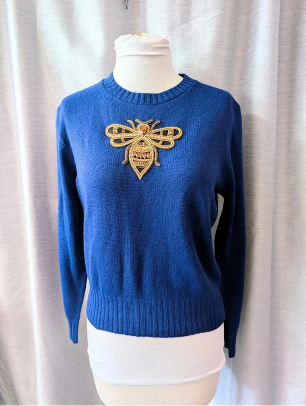 Vintage 1970s Blue Upcycled Bee Sweater M